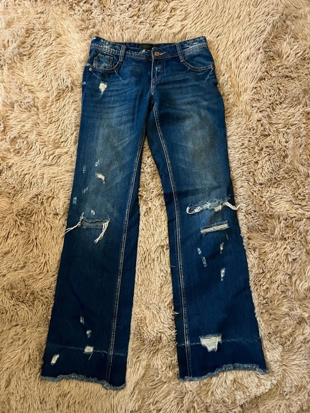 Zara Trafaluc Jeans 4 Dark Blue Distressed Wide Leg Jeans